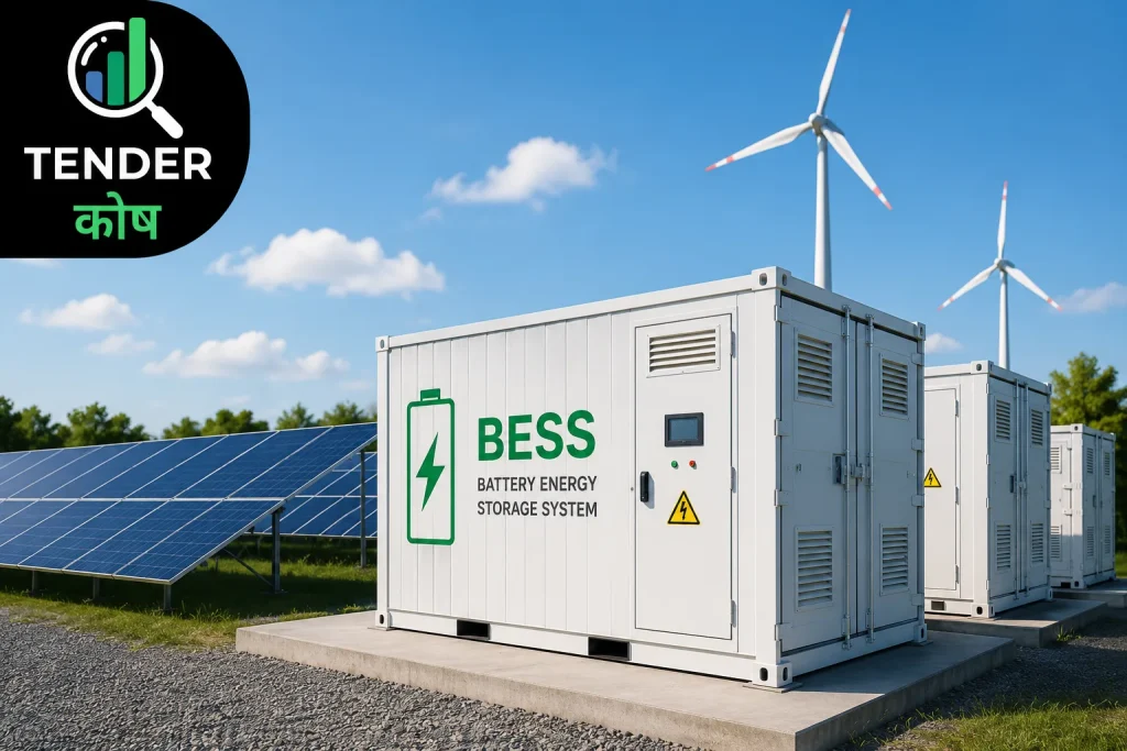 BESS battery energy storage system with solar panels and wind turbines