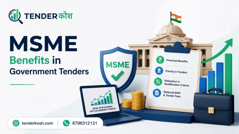 MSME benefits in government tenders with TenderKosh branding, financial advantages, reduced tender fees, priority in bidding, and business growth opportunities