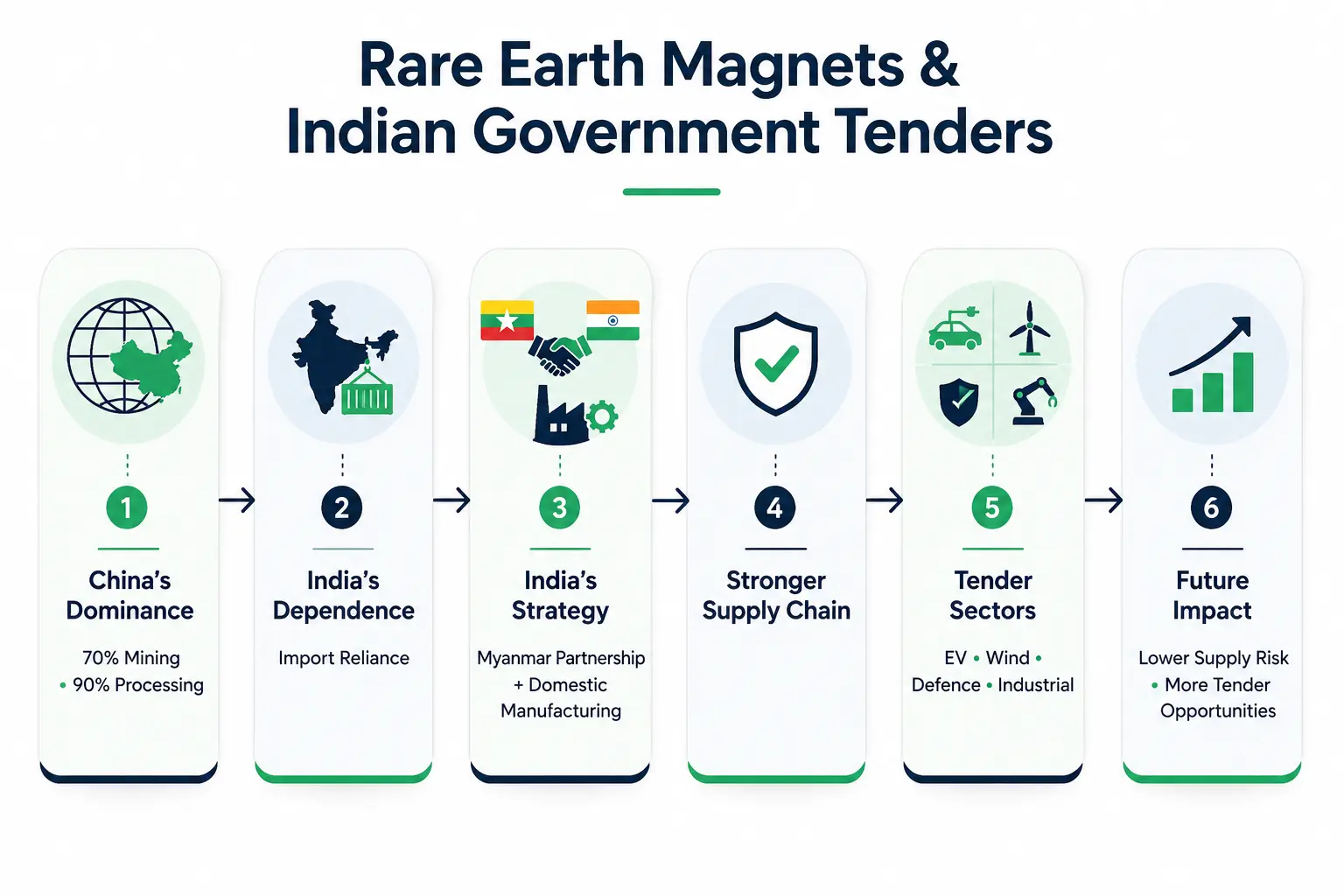 Flowchart showing how rare earth magnet supply chain changes could reshape Indian government tenders